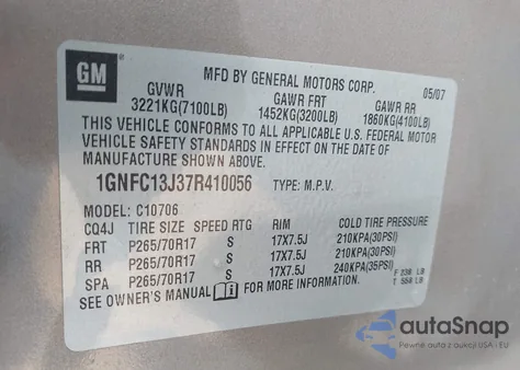 2007 Chevrolet Tahoe Lt из США, поврежденный, VIN 1GNFC13J37R410056